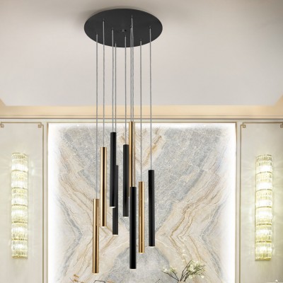 Lustra dimabila cu 9 pendule LED design modern Varas negru/auriu