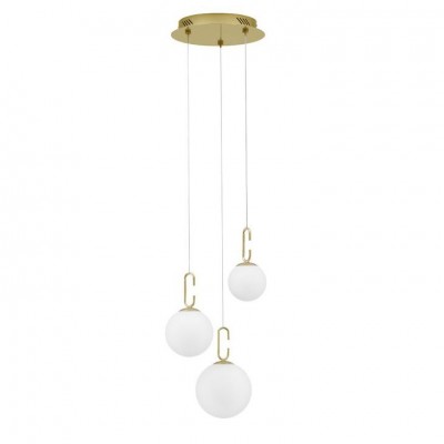 Lustra LED cu 3 pendule, dimabila, design modern Hook auriu, opal alb 39cm