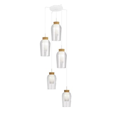 Lustra cu 5 pendule design modern Nora alb/ lemn