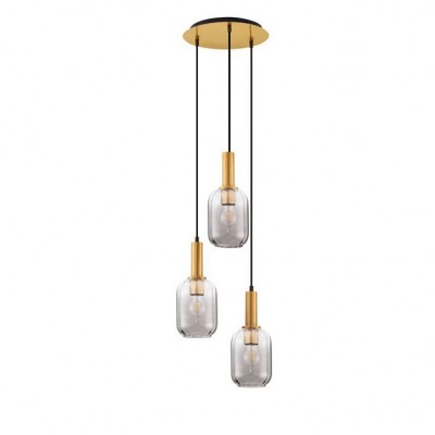 Lustra cu 3 pendule, Metal, Auriu, Sticla, Fumurie, MAHO