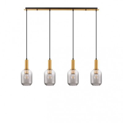 Lustra cu 4 pendule, Metal, Auriu, Sticla, Fumurie, MAHO