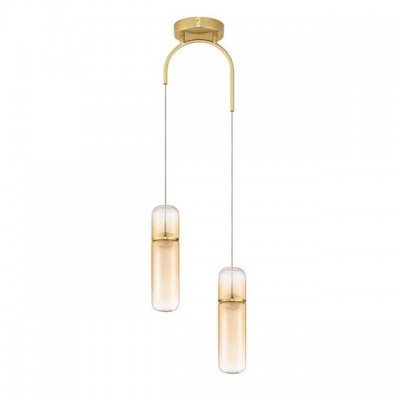 Lustra moderna cu 2 pendule LED, Metal, Auriu, Sticla, Amber, Norma